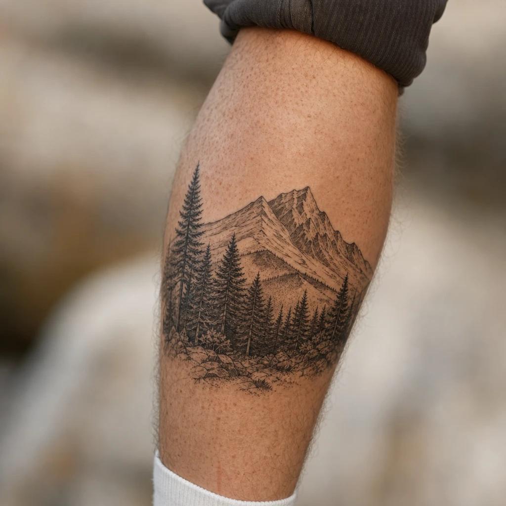 men's calf tattoo mountain and forest, realistic photo on skin