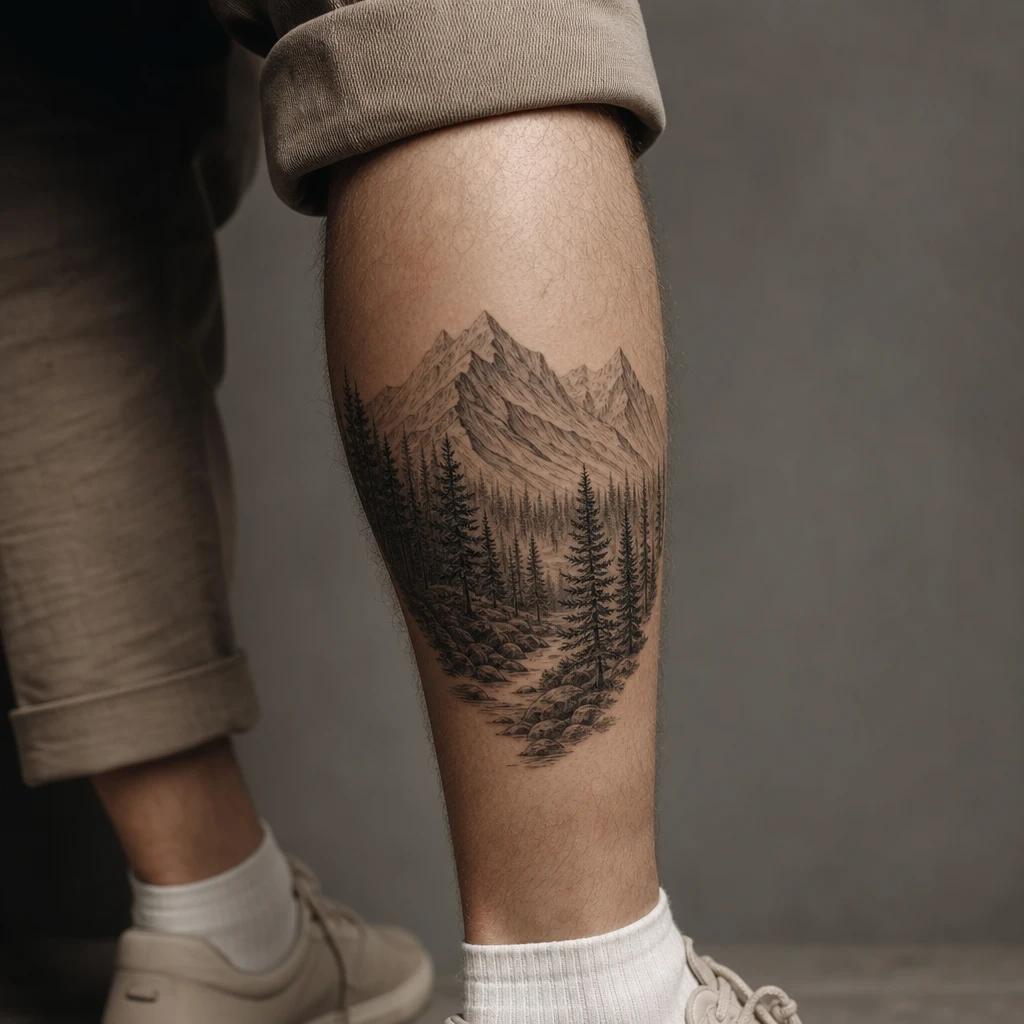 men's calf tattoo mountain and forest, realistic photo on skin