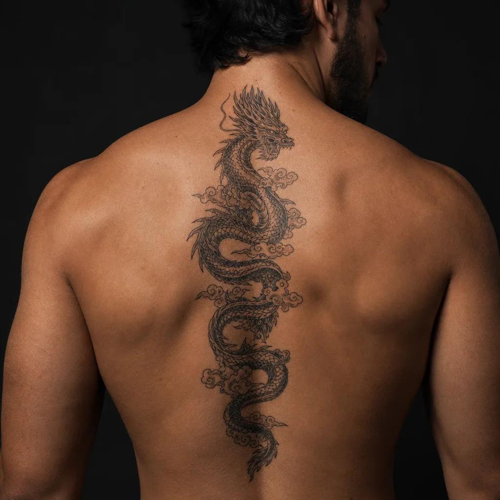 idée tatouage colonne vertébrale dragon japonais vertical