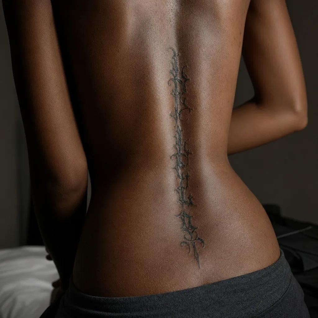 idée tatouage colonne vertébrale lettrage gothique vertical