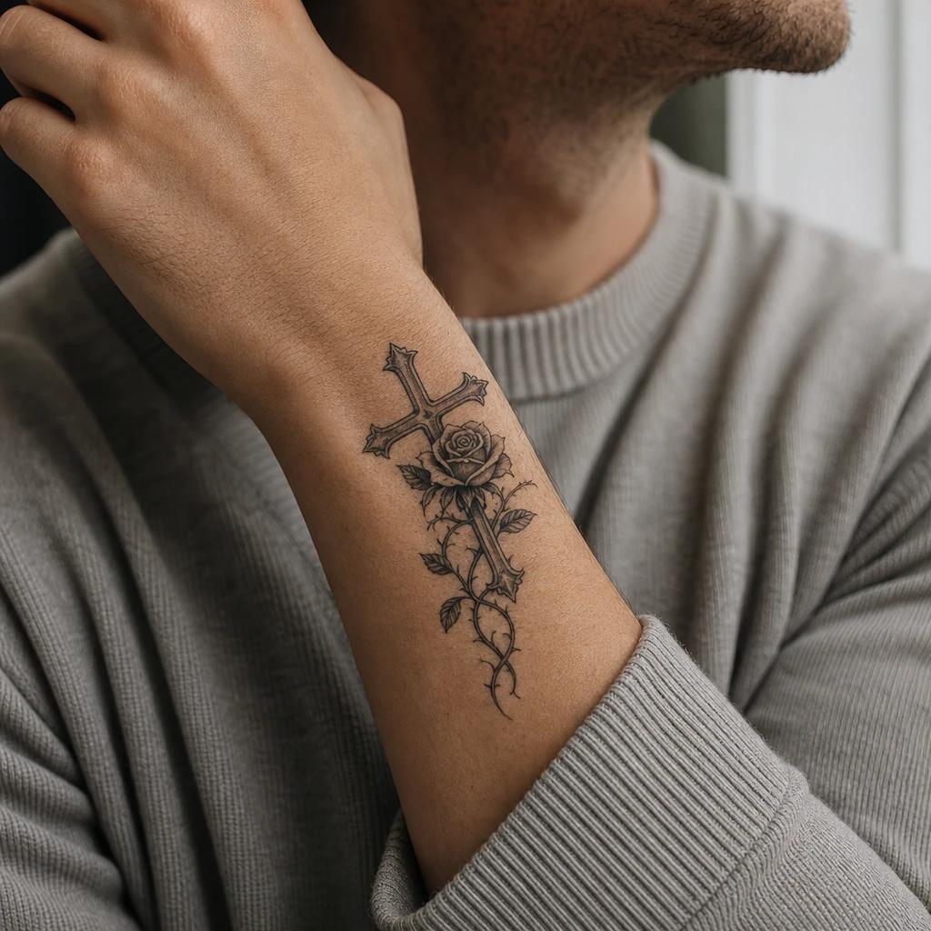 cross tattoo cross and rose intertwined, realistic photo on skin