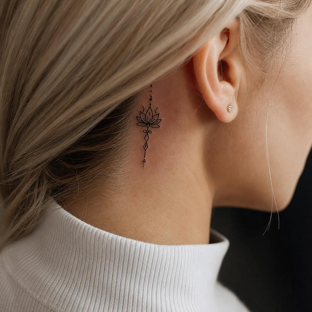 Tiny custom ornament tattoo behind the ear, created and previewed with AI