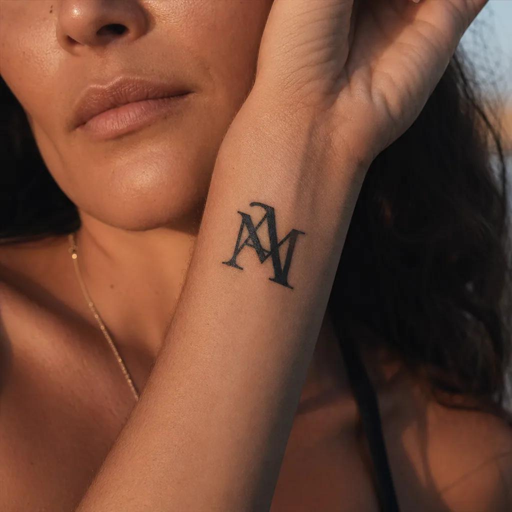 family initials tattoo fine line cursive initials, realistic photo on skin
