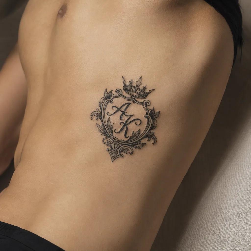 family initials tattoo neo-traditional initials, realistic photo on skin