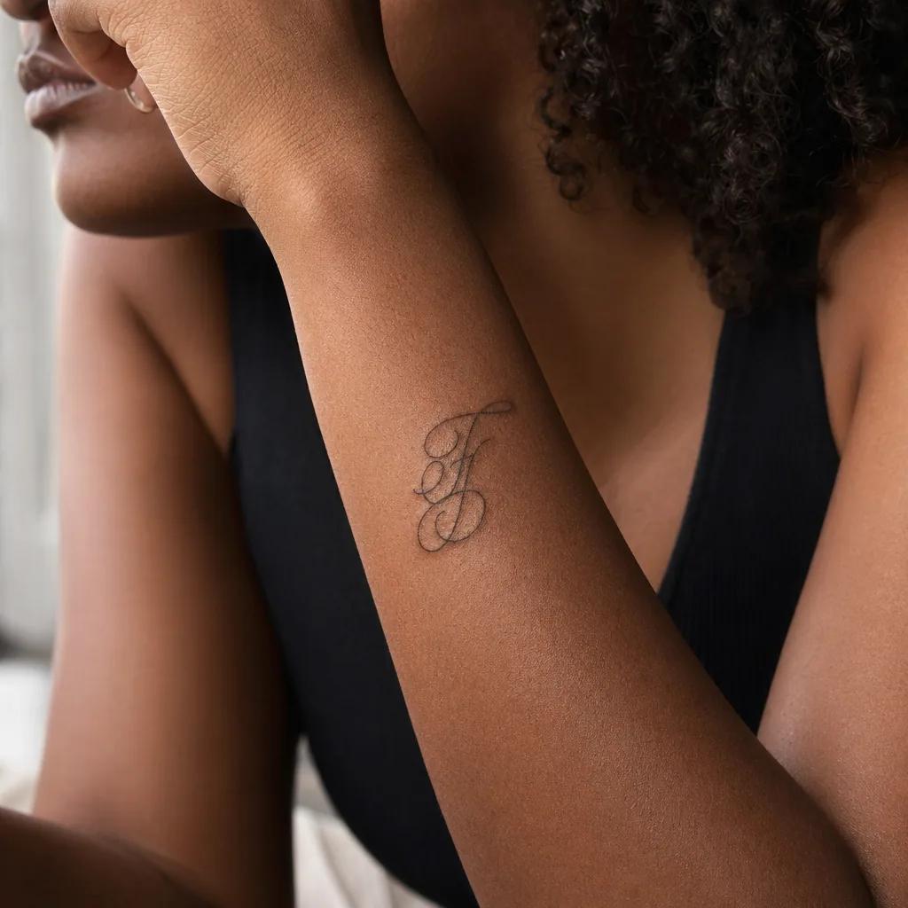 family initials tattoo dotwork initials, realistic photo on skin
