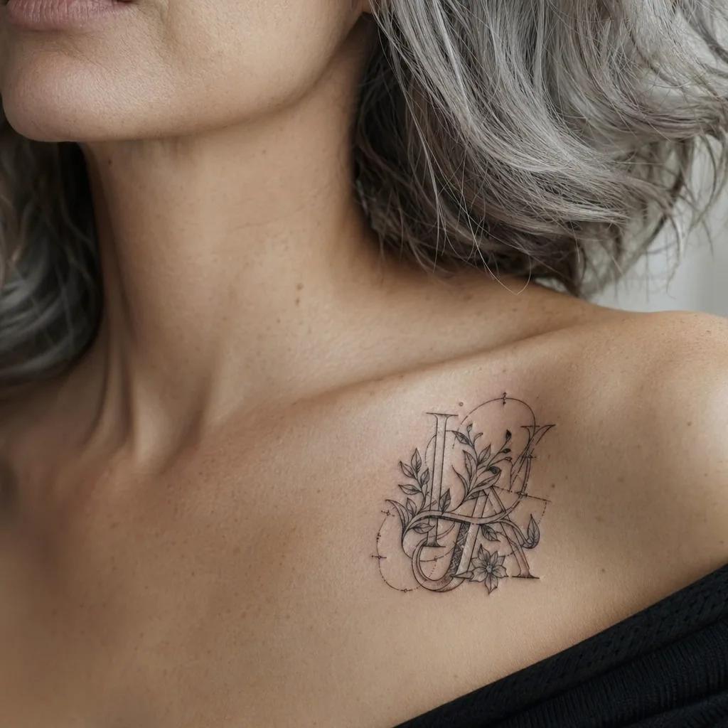 family initials tattoo family tree initials, realistic photo on skin
