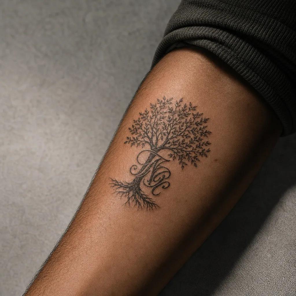 family initials tattoo elegant manuscript initials, realistic photo on skin
