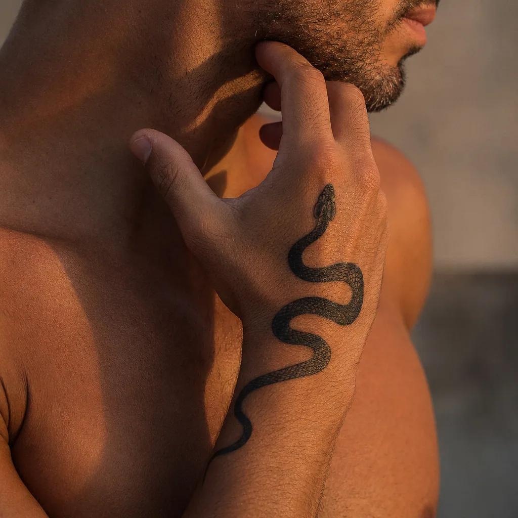 men's hand tattoo blackwork snake, realistic photo on skin