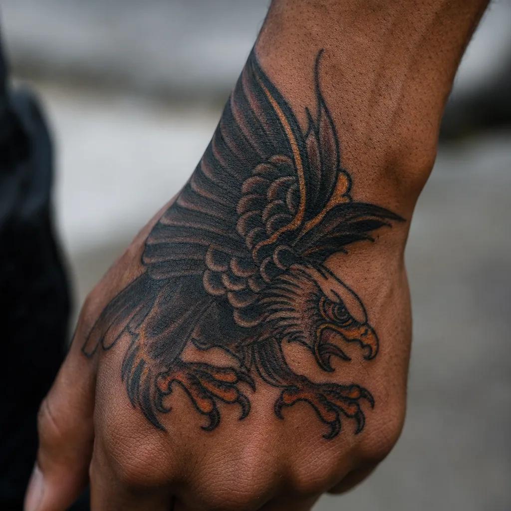men's hand tattoo neo-traditional eagle, realistic photo on skin
