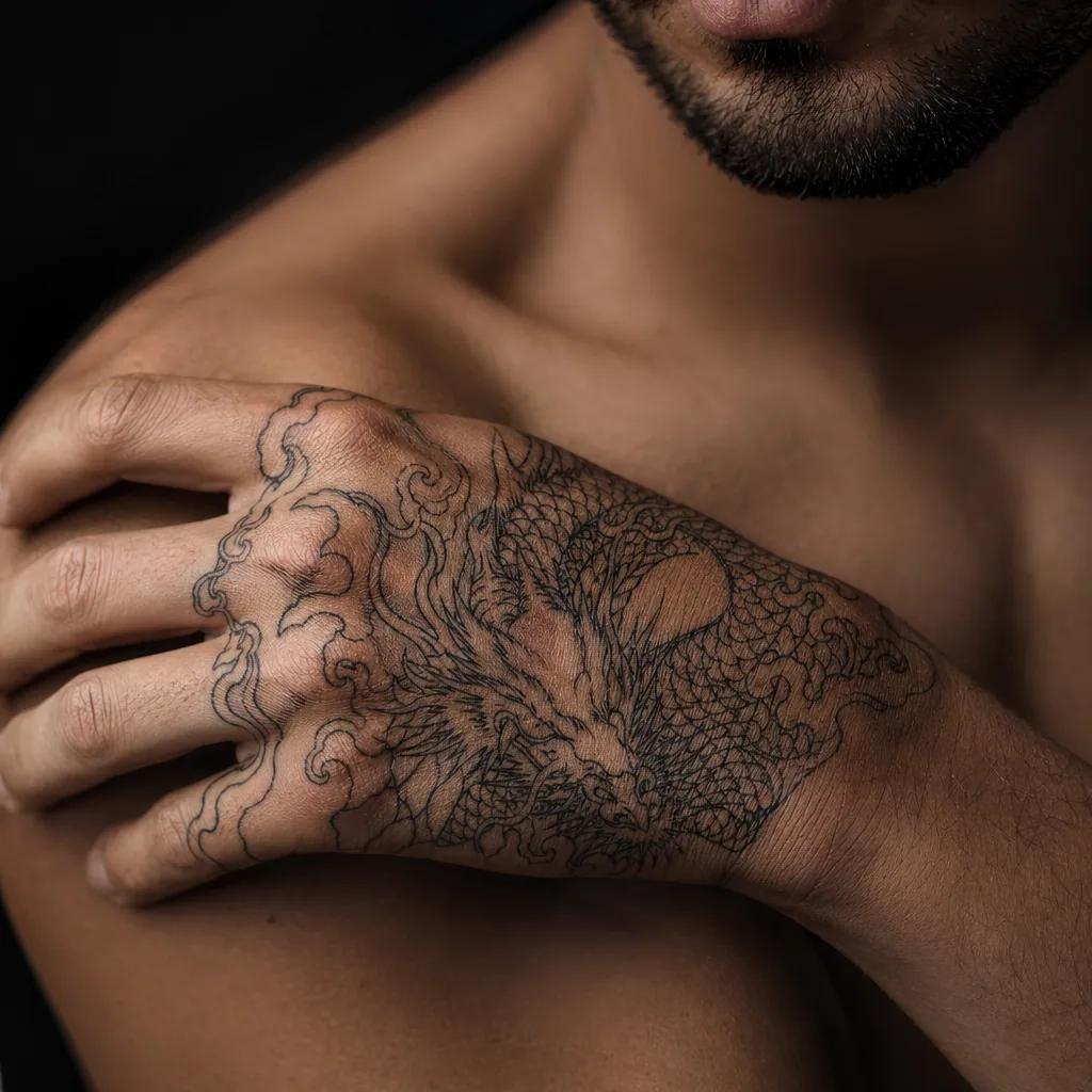 men's hand tattoo japanese dragon, realistic photo on skin