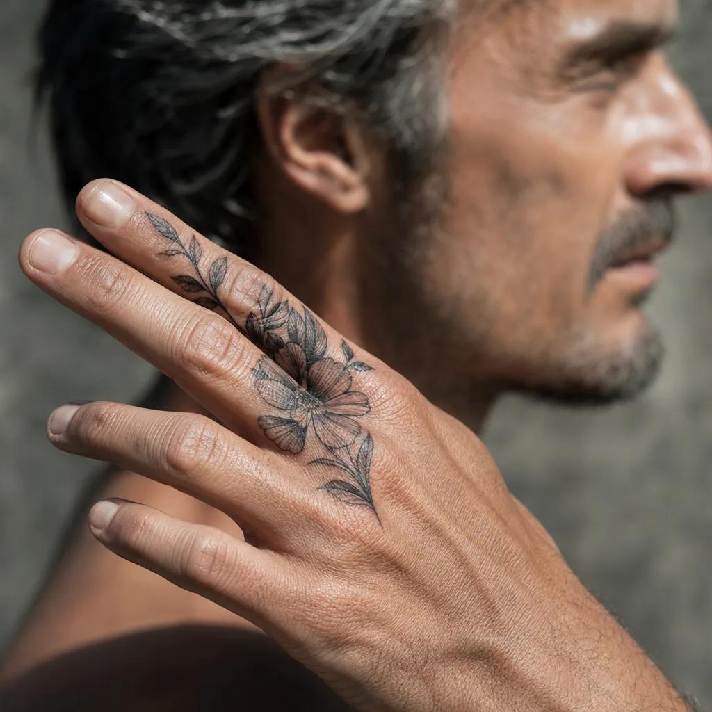 men's hand tattoo olive branches, realistic photo on skin