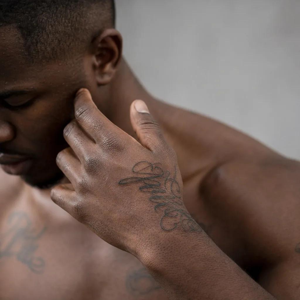 men's hand tattoo 'libre' lettering, realistic photo on skin