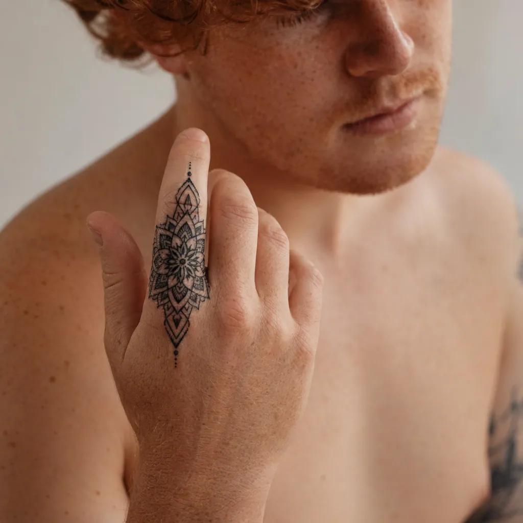 men's hand tattoo masculine mandala, realistic photo on skin
