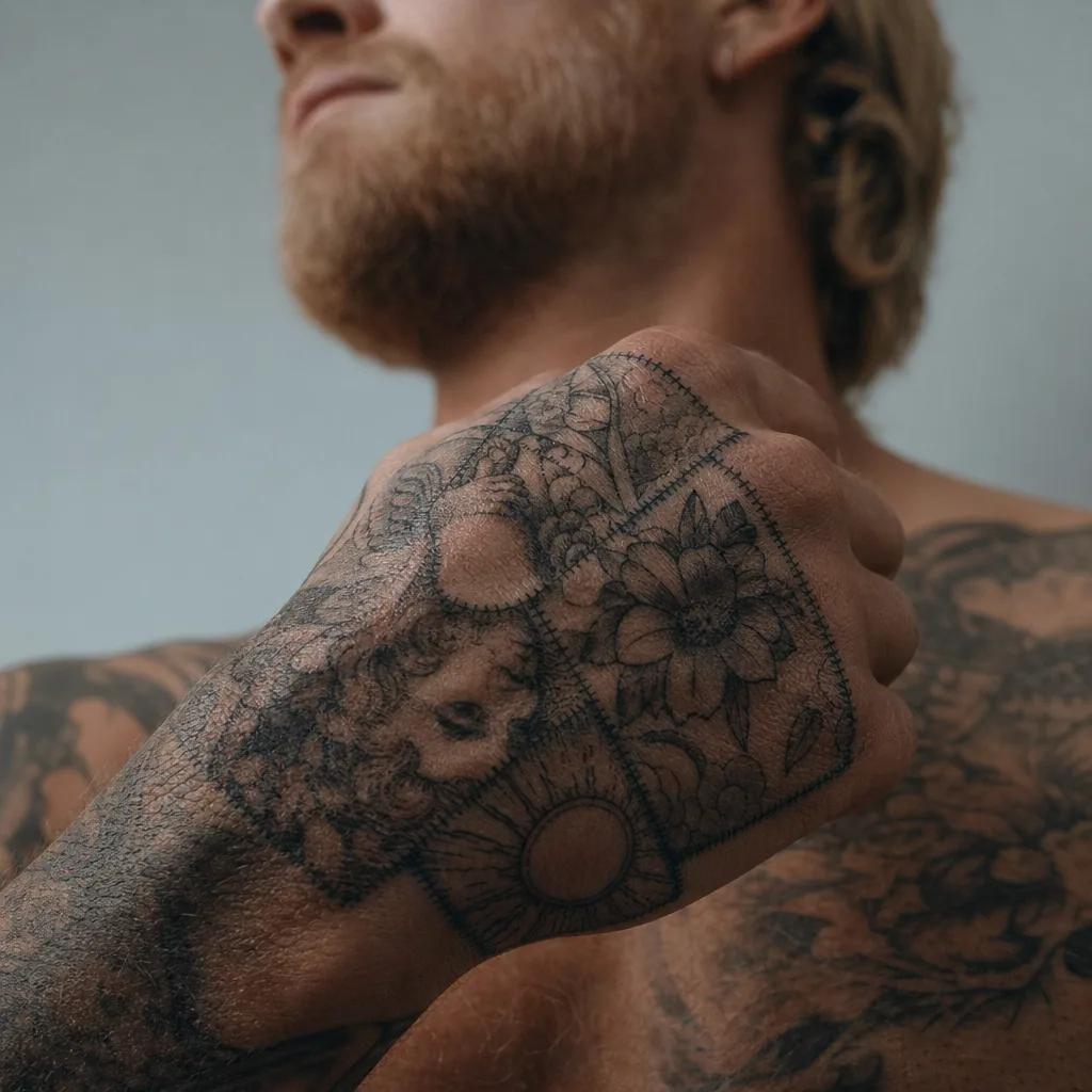 men's hand tattoo men's hand patchwork, realistic photo on skin
