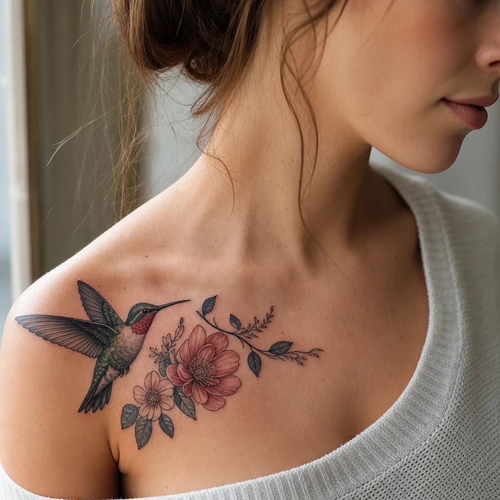 hummingbird tattoo neo-traditional hummingbird and flowers, realistic photo on skin
