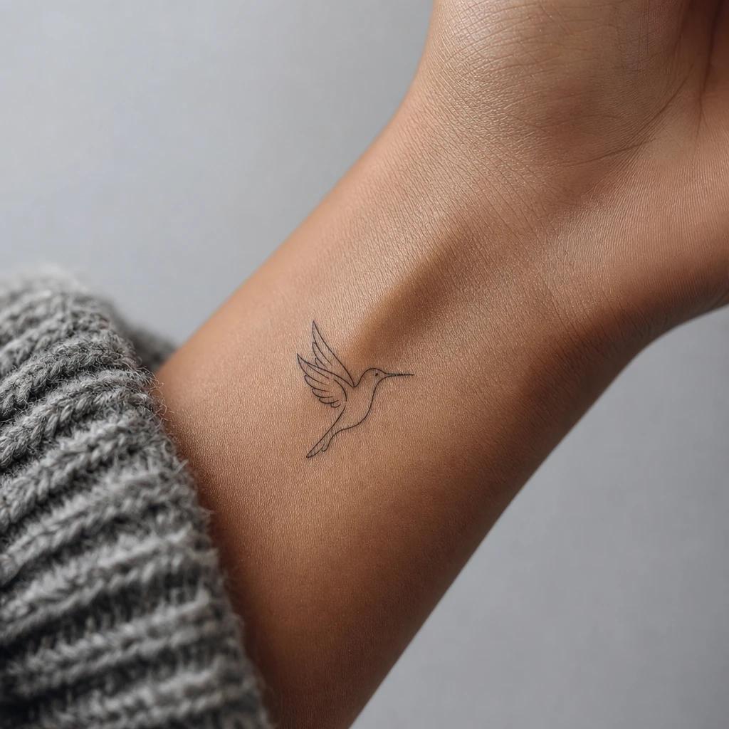 hummingbird tattoo minimalist single-line hummingbird, realistic photo on skin