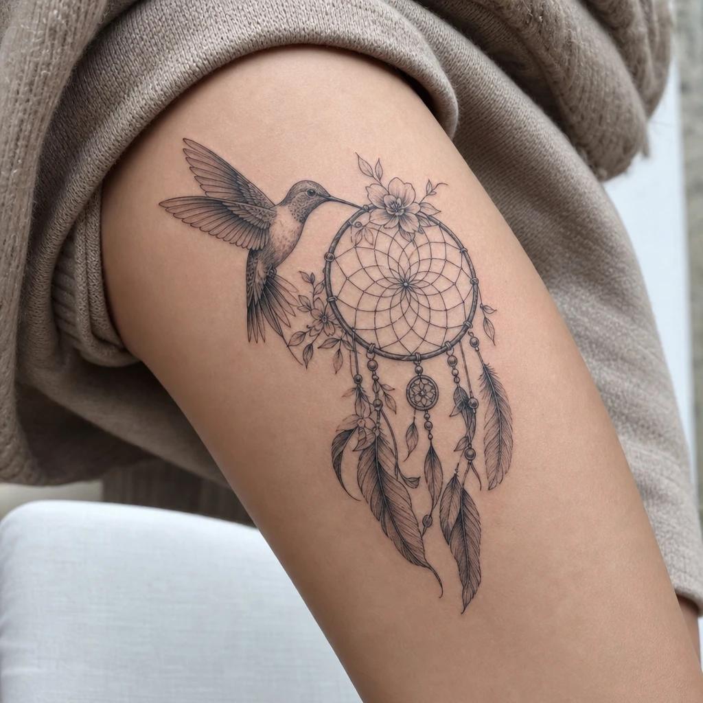 hummingbird tattoo hummingbird and dreamcatcher, realistic photo on skin