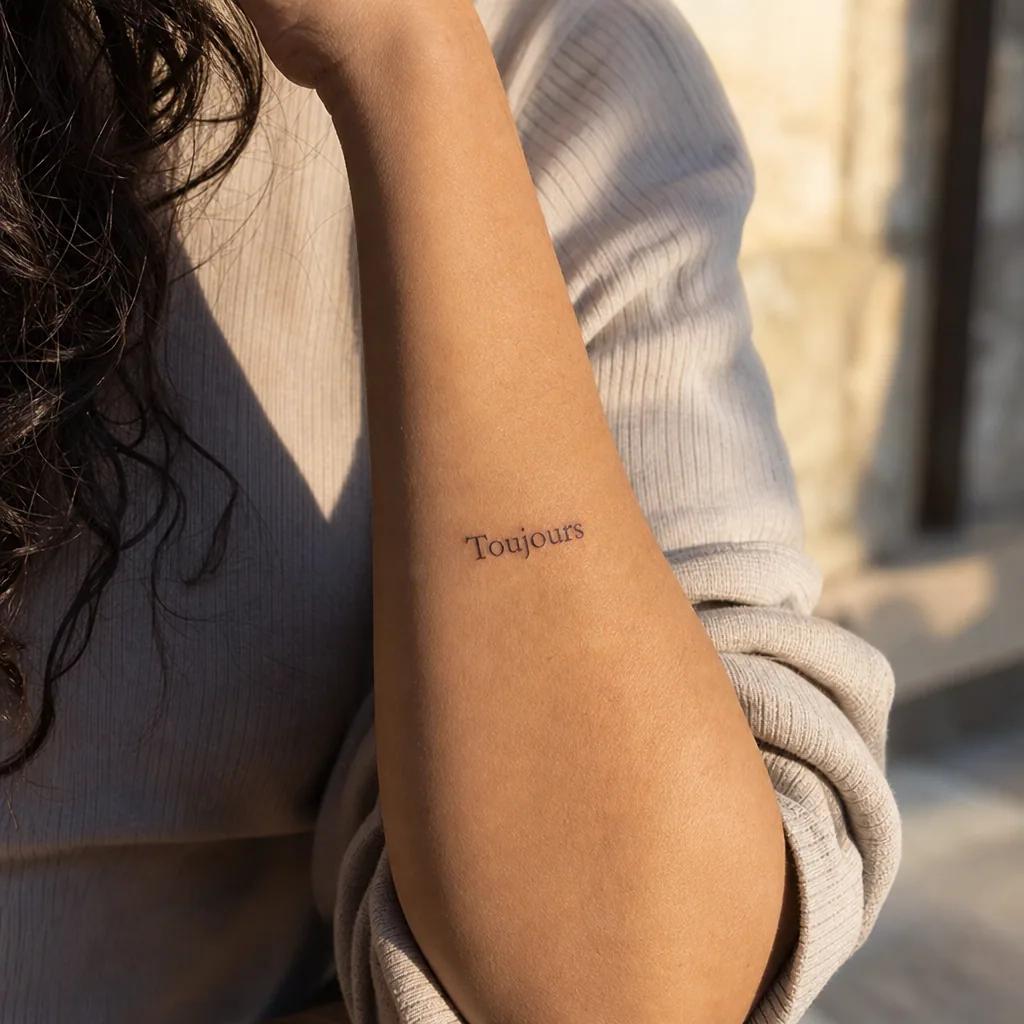 lettering tattoo minimalist single-line lettering, realistic photo on skin