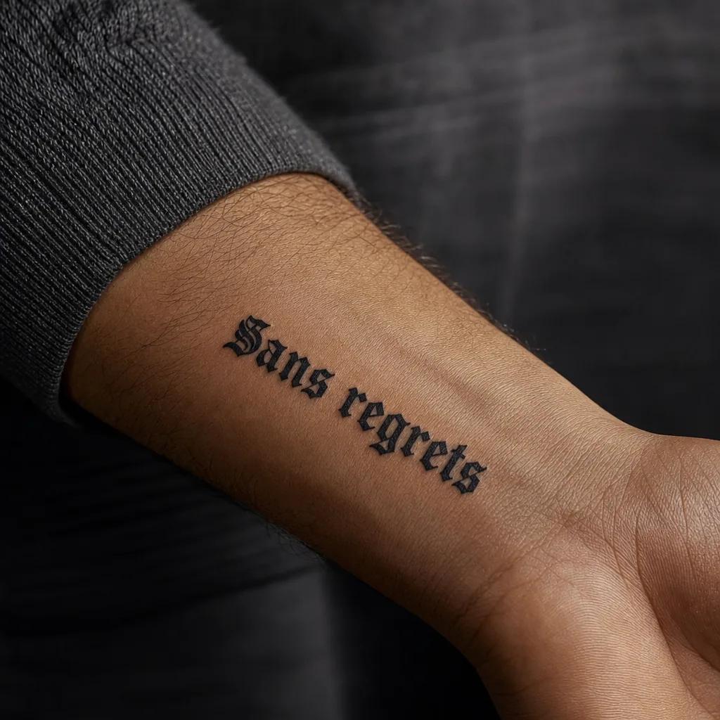 lettering tattoo gothic blackletter lettering, realistic photo on skin
