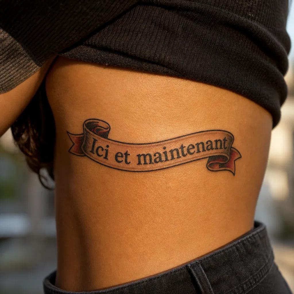 lettering tattoo neo-traditional banner, realistic photo on skin