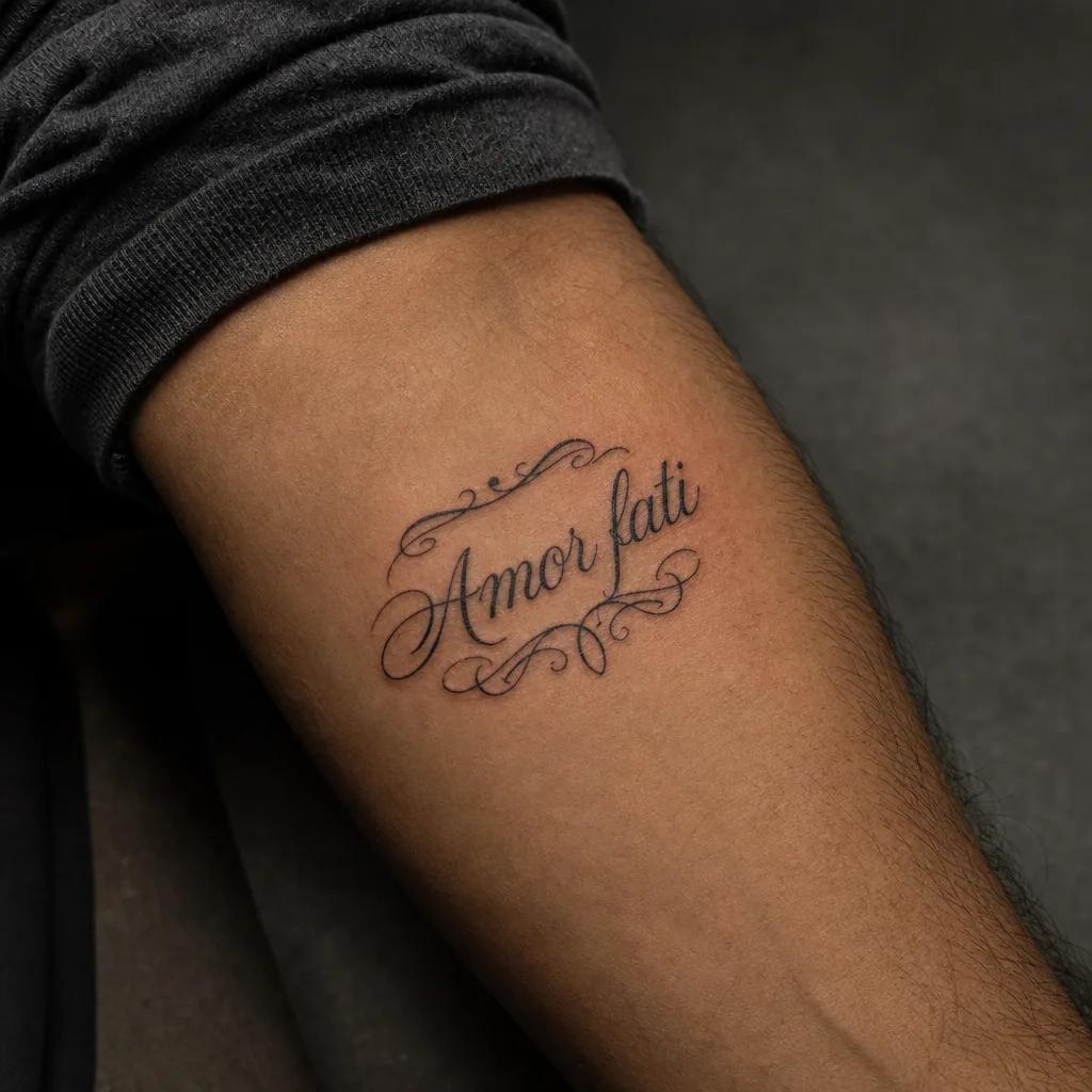lettering tattoo ornate flourished calligraphy, realistic photo on skin