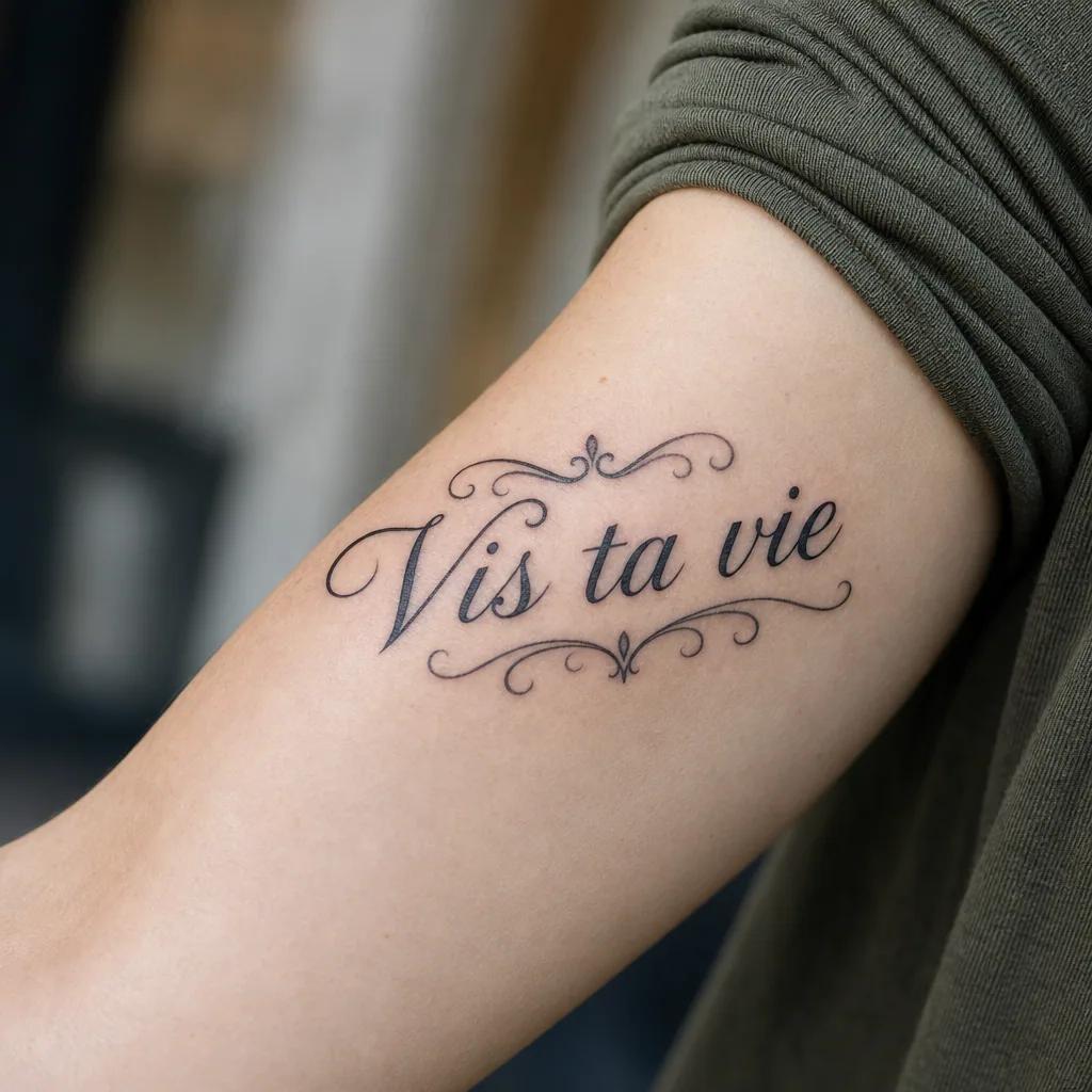 lettering tattoo ornate flourished calligraphy, realistic photo on skin