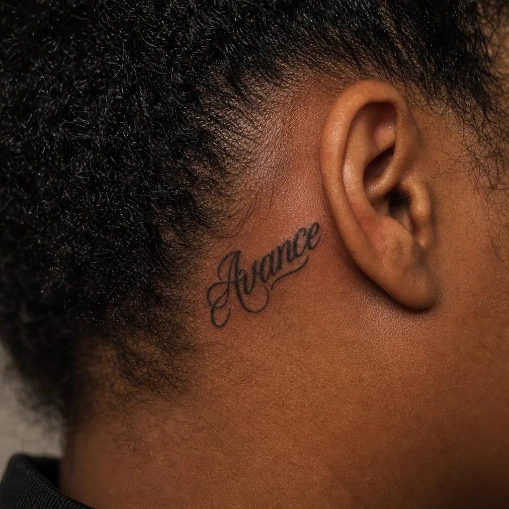 lettering tattoo fine chicano lettering, realistic photo on skin