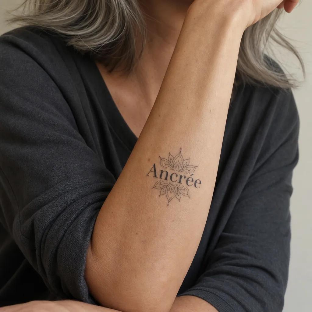 lettering tattoo ornamental mandala quote, realistic photo on skin