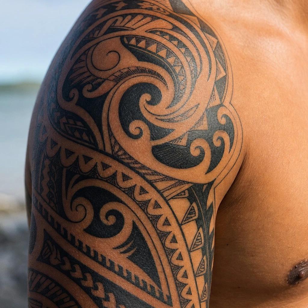 maori tattoo maori shoulder-to-arm cuff, realistic photo on skin