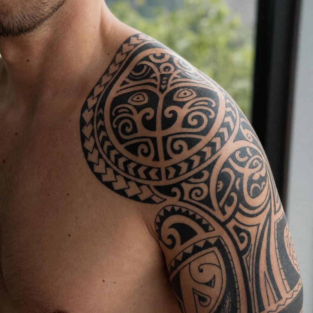 maori tattoo maori shoulder-to-arm cuff, realistic photo on skin
