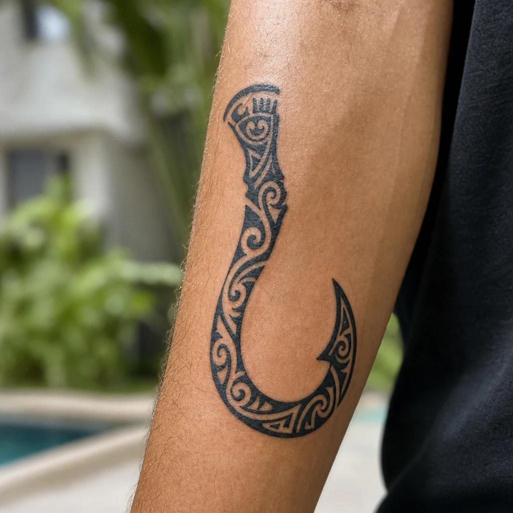 maori tattoo stylized hei matau (fish hook), realistic photo on skin