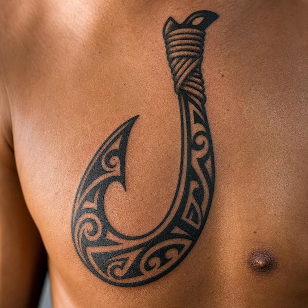 maori tattoo stylized hei matau (fish hook), realistic photo on skin