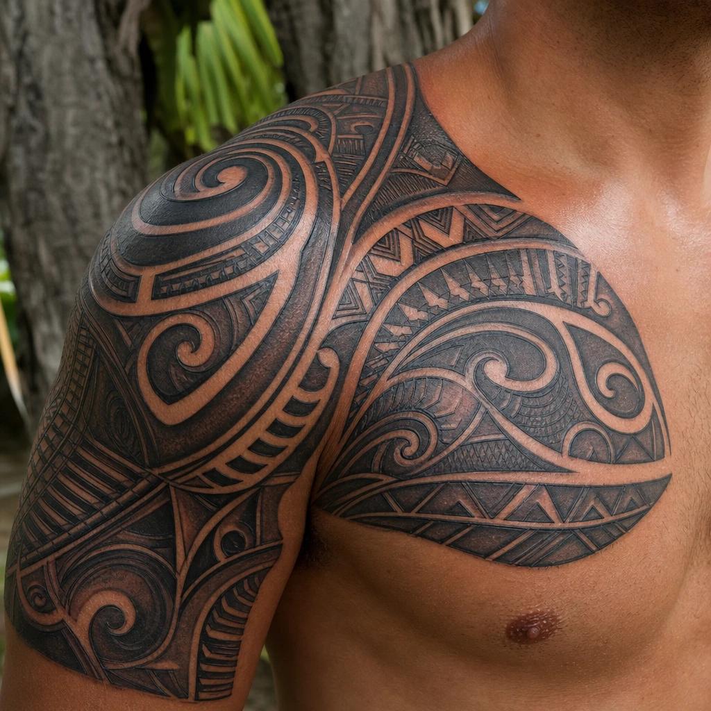 maori tattoo 3d neo-polynesian shoulder piece, realistic photo on skin