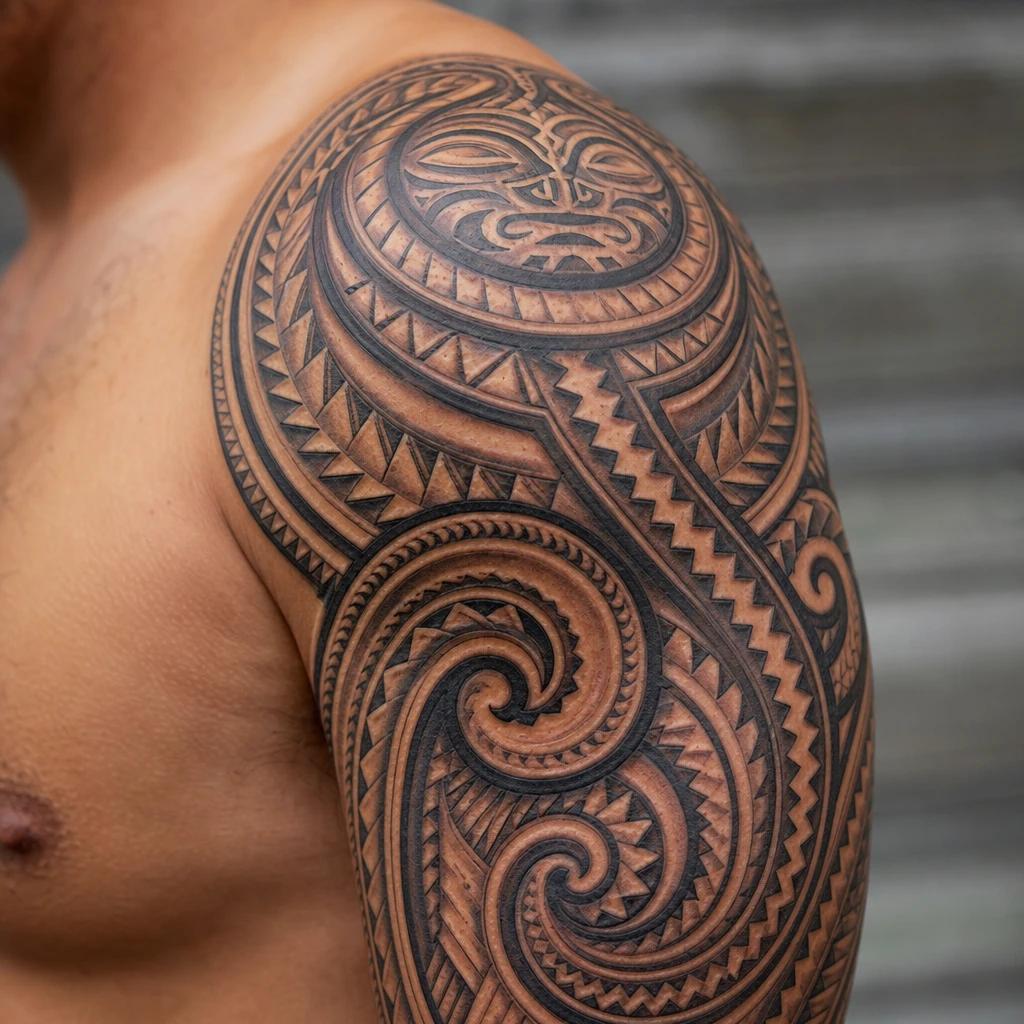 maori tattoo 3d neo-polynesian shoulder piece, realistic photo on skin