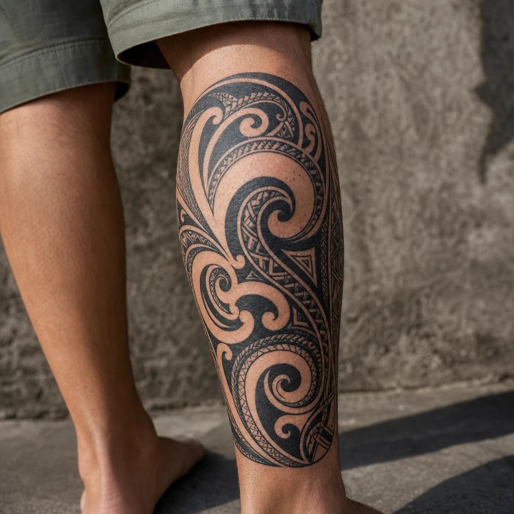 maori tattoo waves and spirals on the calf, realistic photo on skin