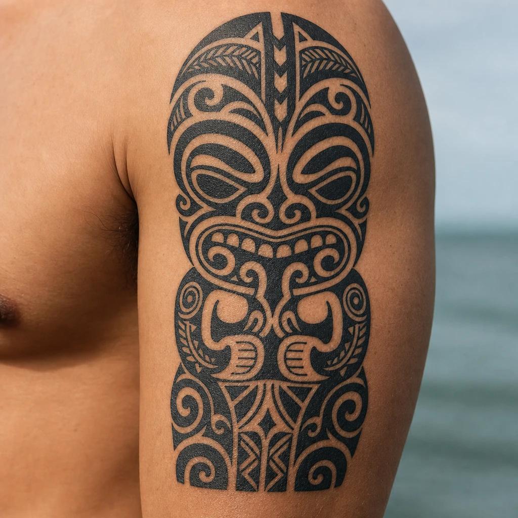 maori tattoo protective maori tiki, realistic photo on skin