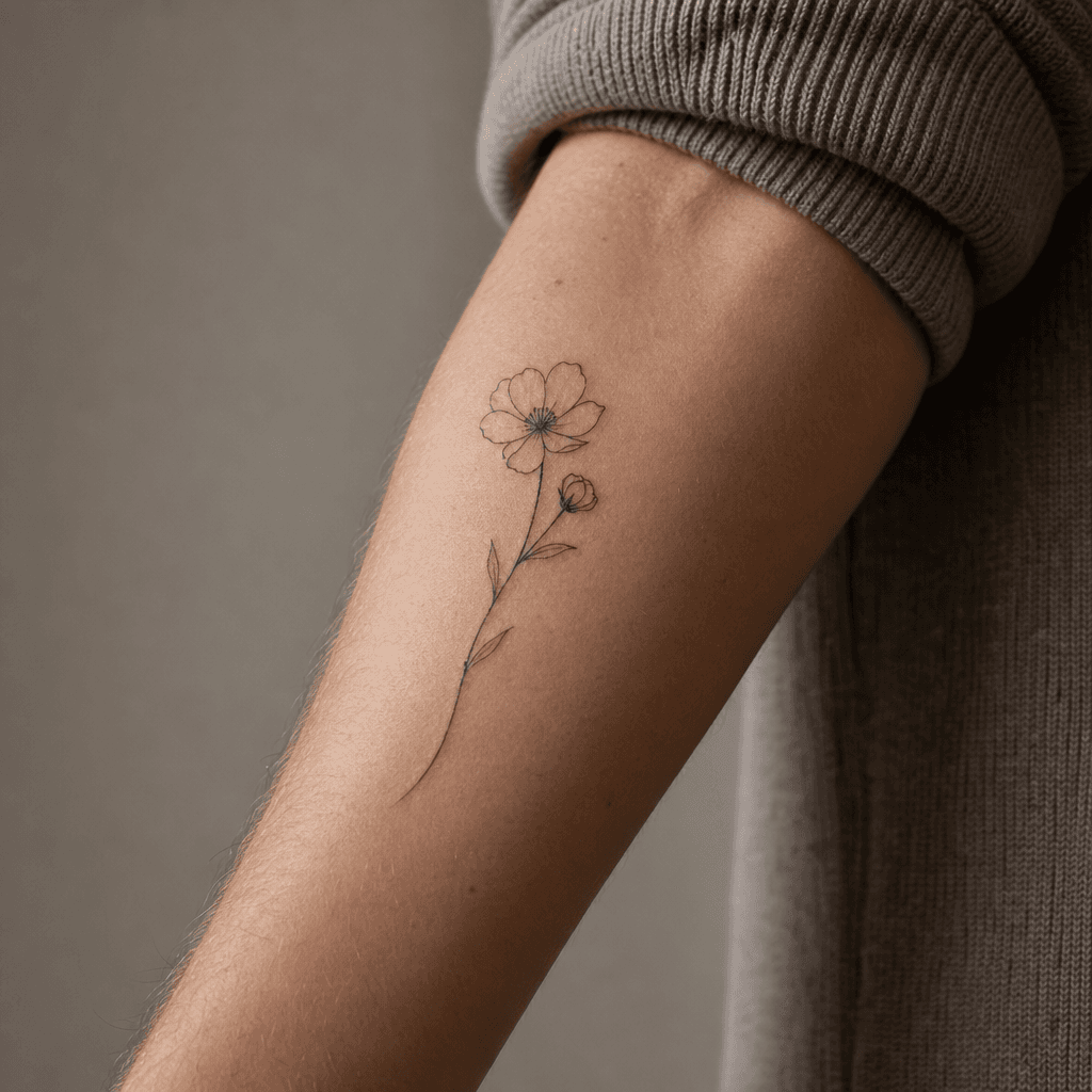 minimalist tattoo minimalist fine line flower, realistic photo on skin