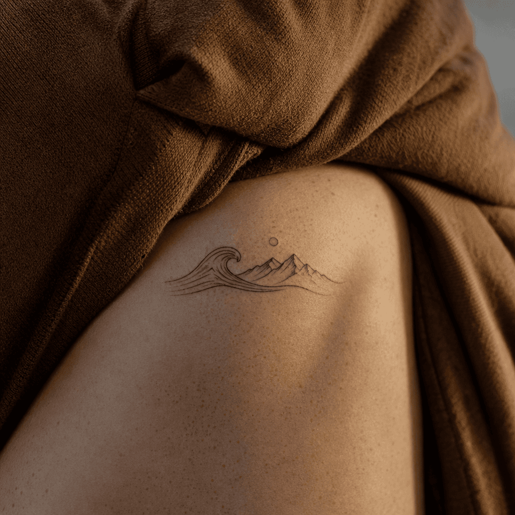 minimalist tattoo minimalist wave and mountain, realistic photo on skin