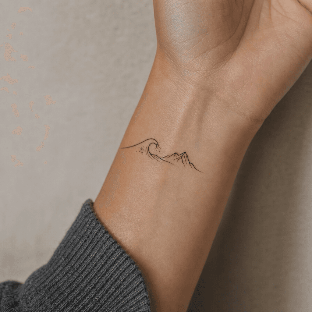 minimalist tattoo minimalist wave and mountain, realistic photo on skin