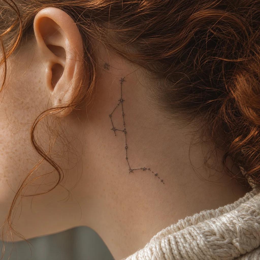 nape (women) tattoo cervical constellation, realistic photo on skin