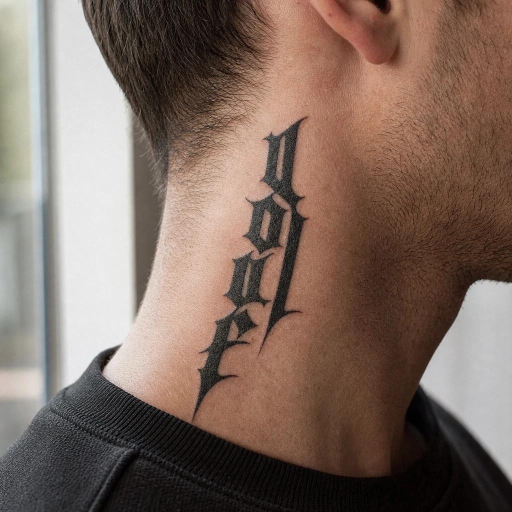 men's neck tattoo gothic lettering on the side of the neck, realistic photo on skin