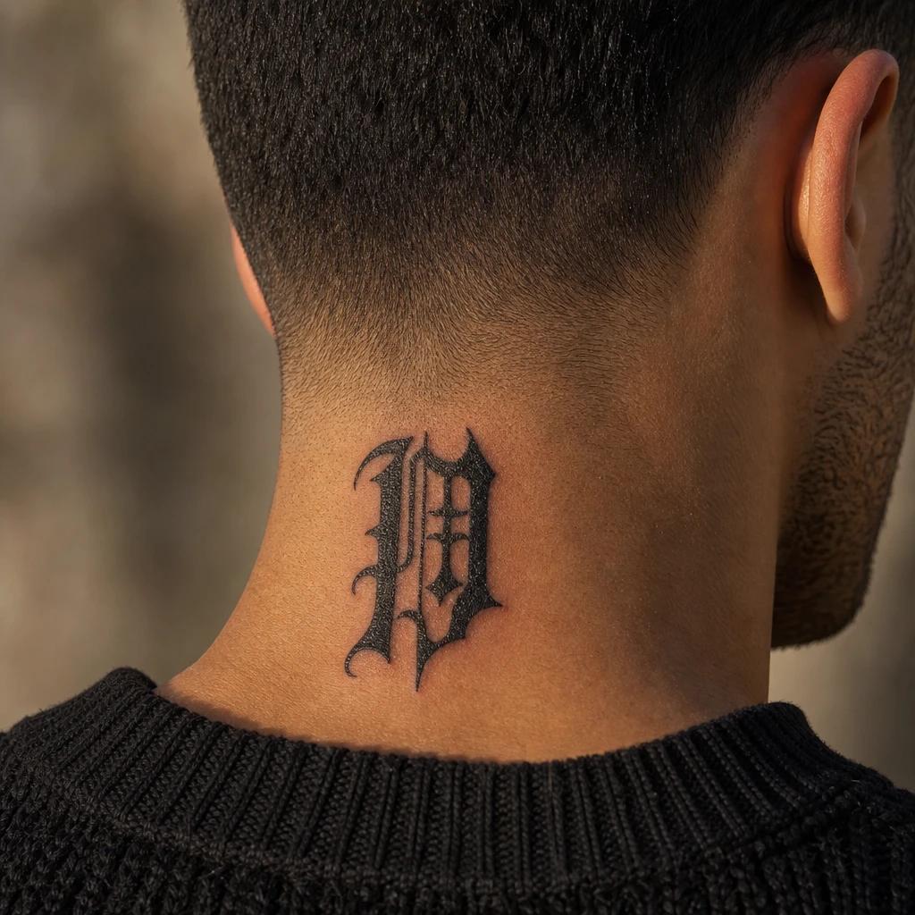 men's neck tattoo gothic lettering on the side of the neck, realistic photo on skin
