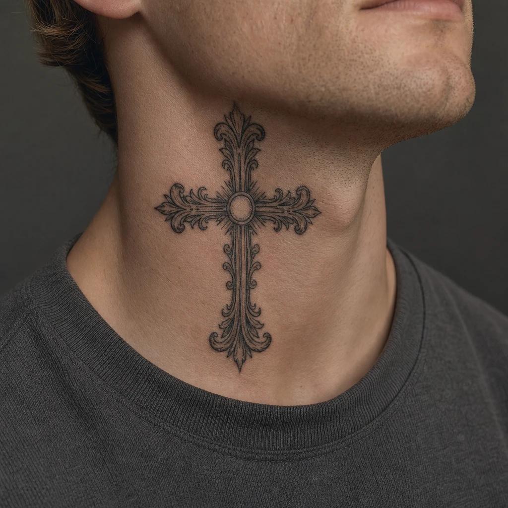 men's neck tattoo religious throat cross, realistic photo on skin