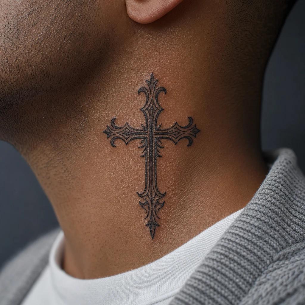 men's neck tattoo religious throat cross, realistic photo on skin
