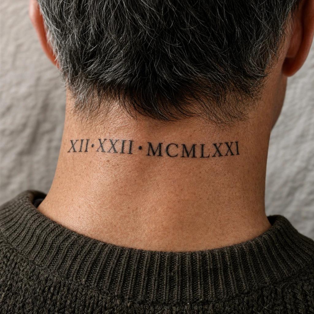 men's neck tattoo roman numerals on the nape, realistic photo on skin