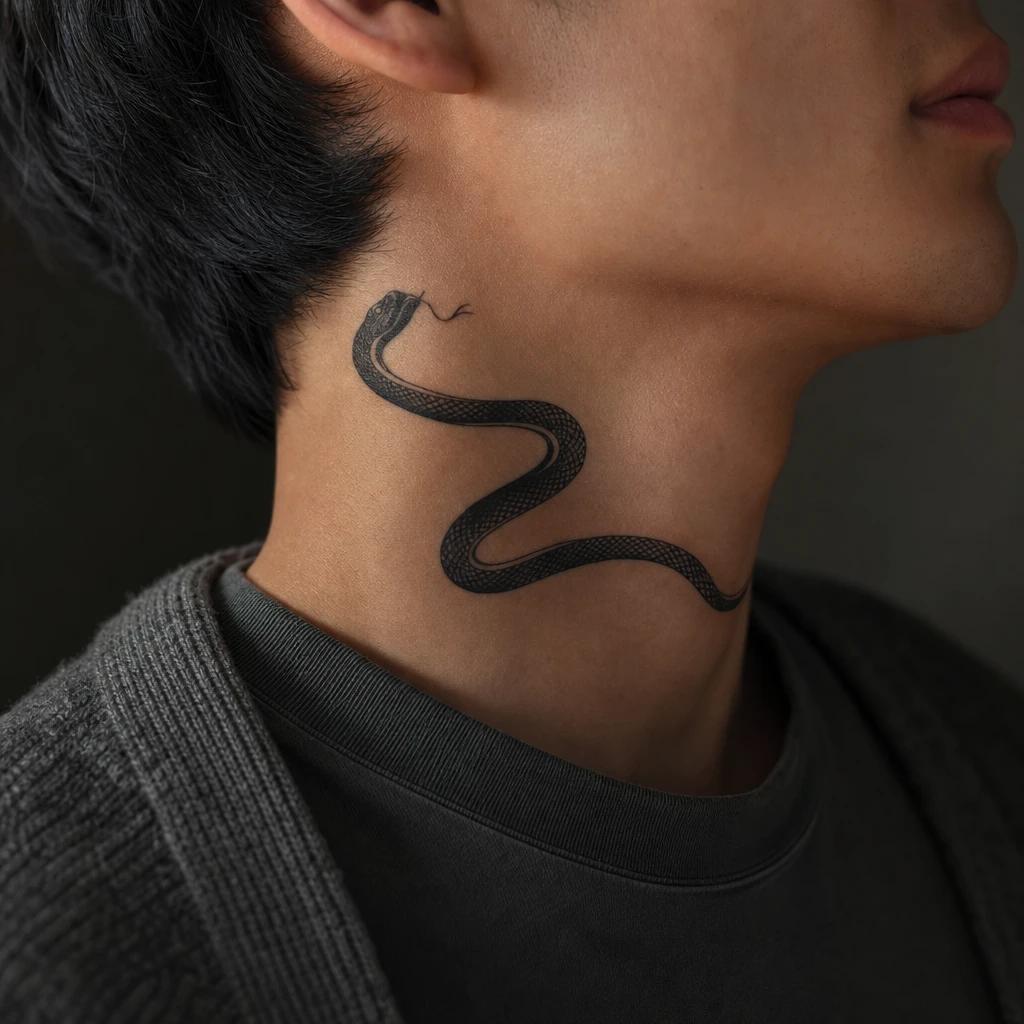 men's neck tattoo side blackwork snake, realistic photo on skin