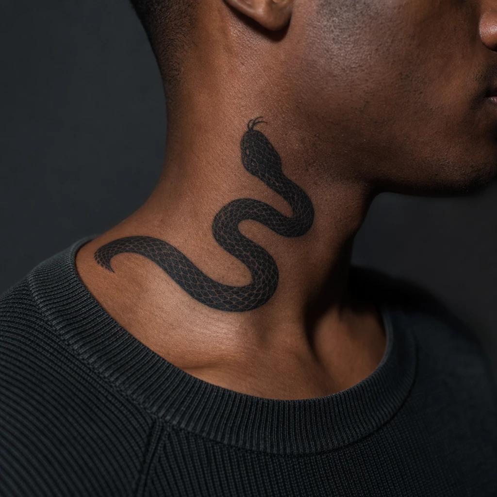 men's neck tattoo side blackwork snake, realistic photo on skin