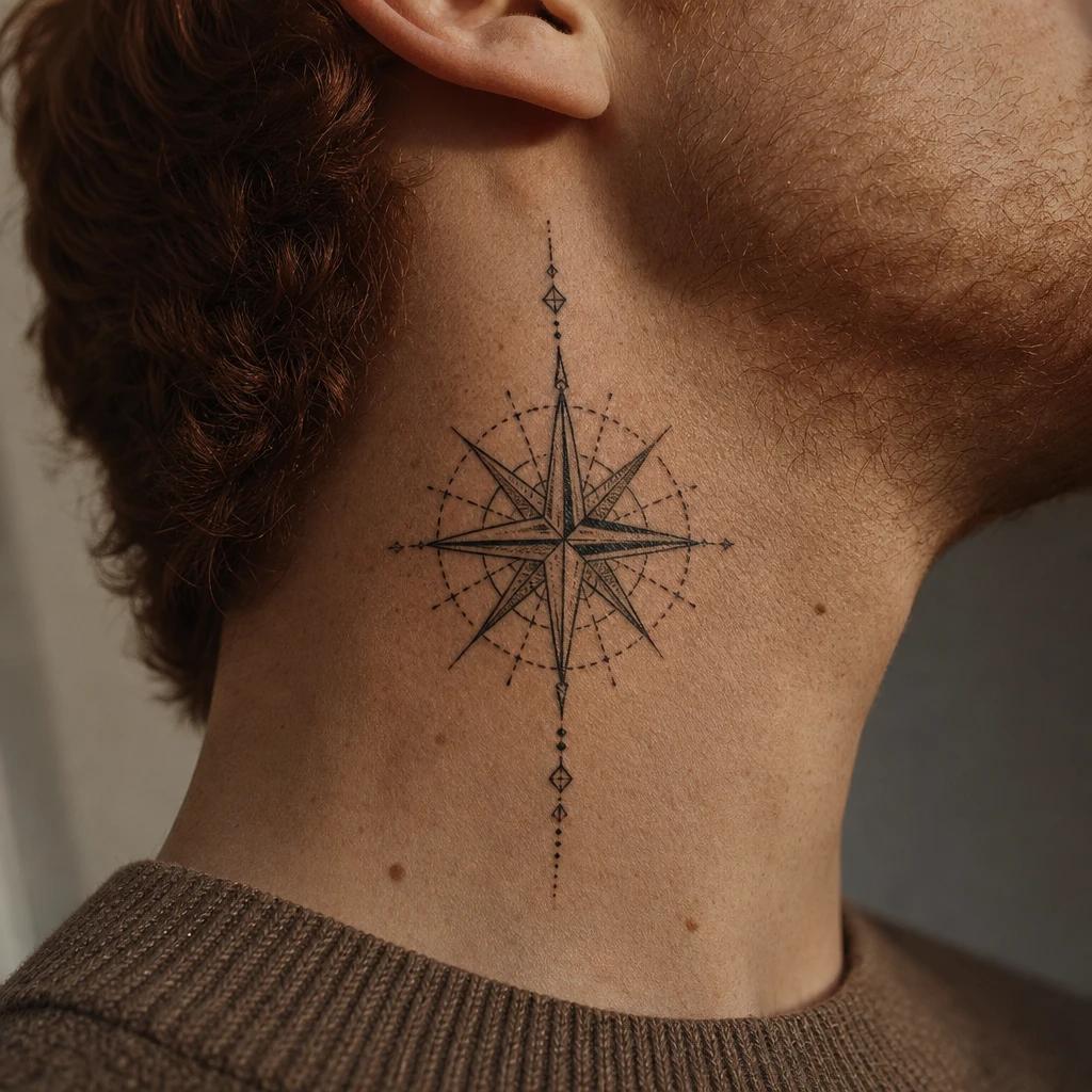 men's neck tattoo geometric compass star, realistic photo on skin