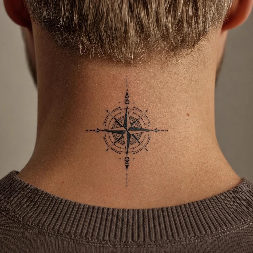 men's neck tattoo geometric compass star, realistic photo on skin