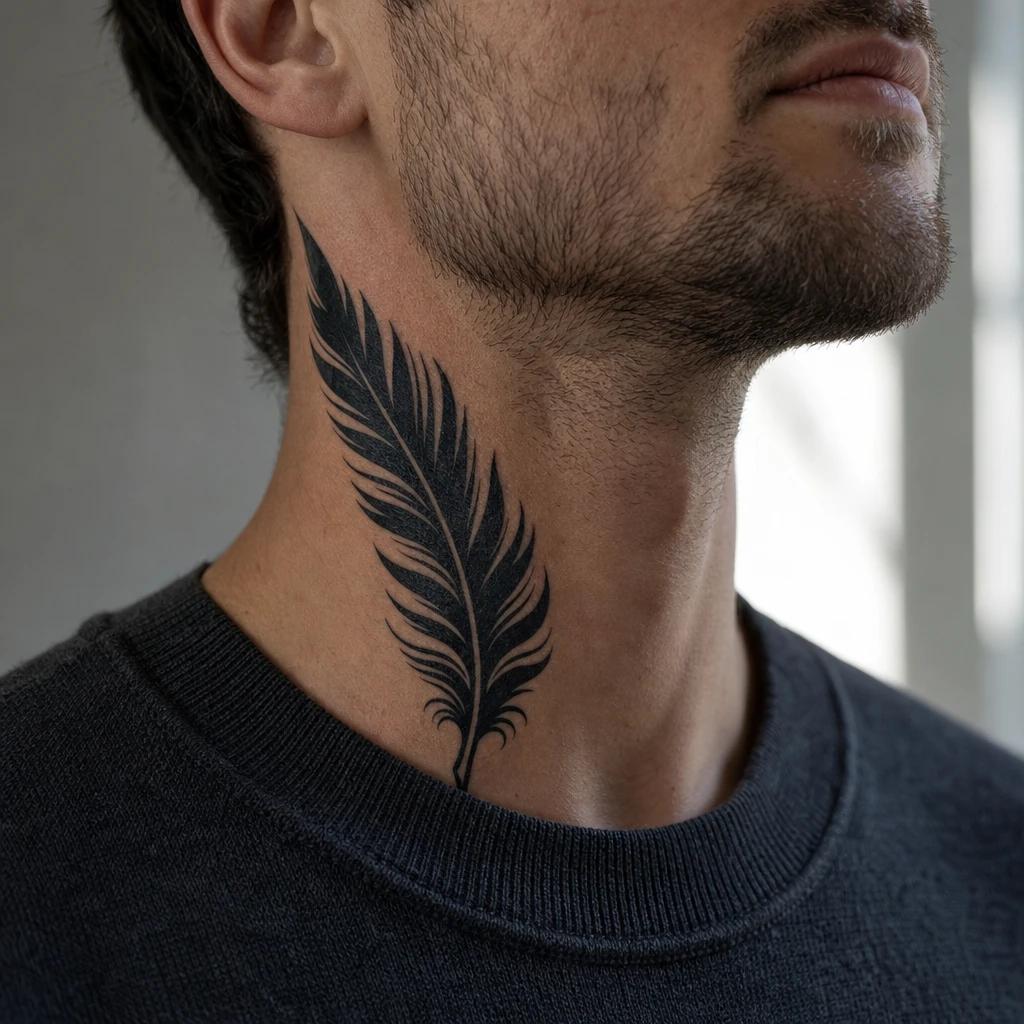 men's neck tattoo blackwork feather, realistic photo on skin
